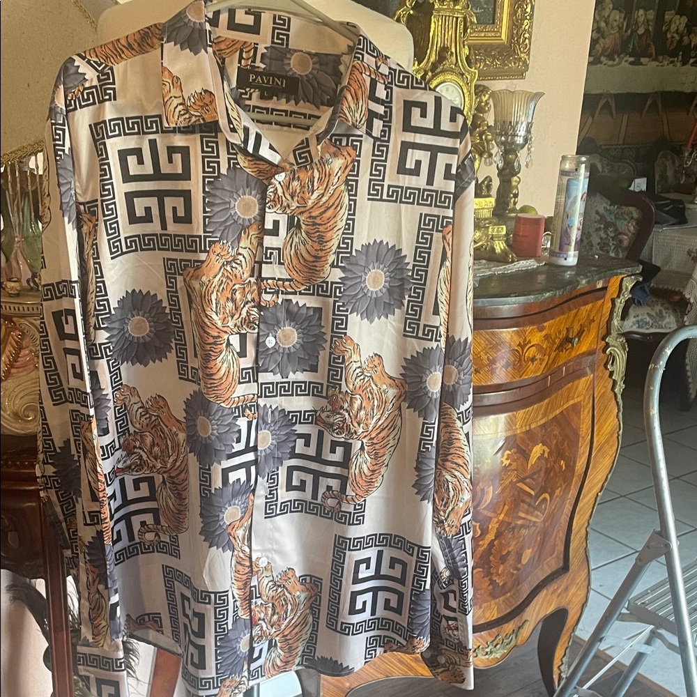 Pavini Men's Bold Tiger Print Shirt - Black, White, and Orange